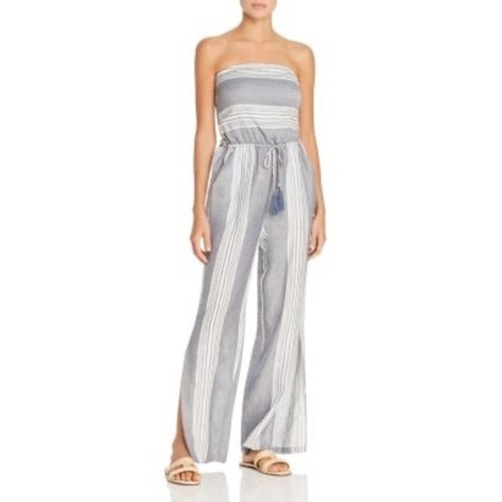 Surf Gypsy Gray White Striped Strapless Wide Leg Jumpsuit M Boho Beach Pool Vaca